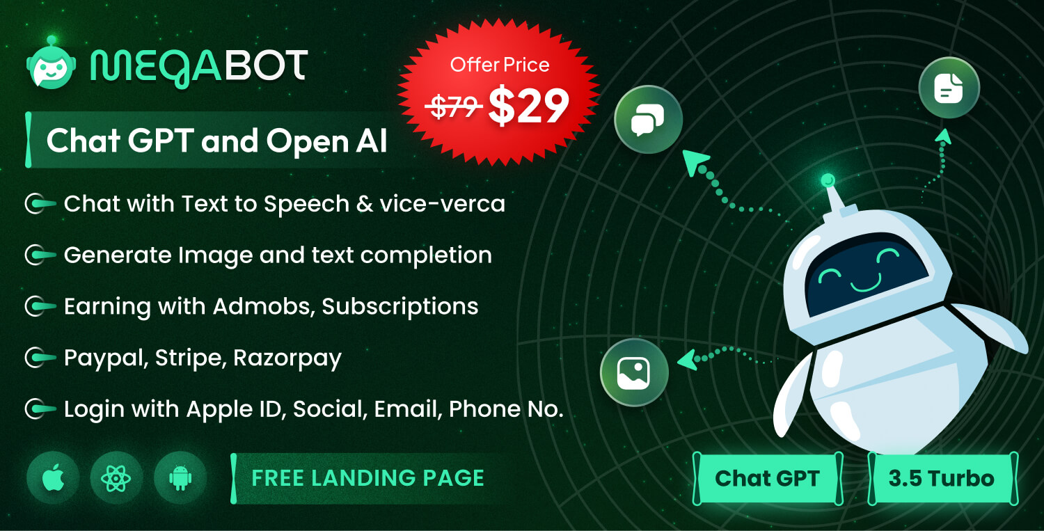 Megabot AI - React Native ChatGPT | Admob | Subscription Plan | Chat, Writing & Image Generator product image